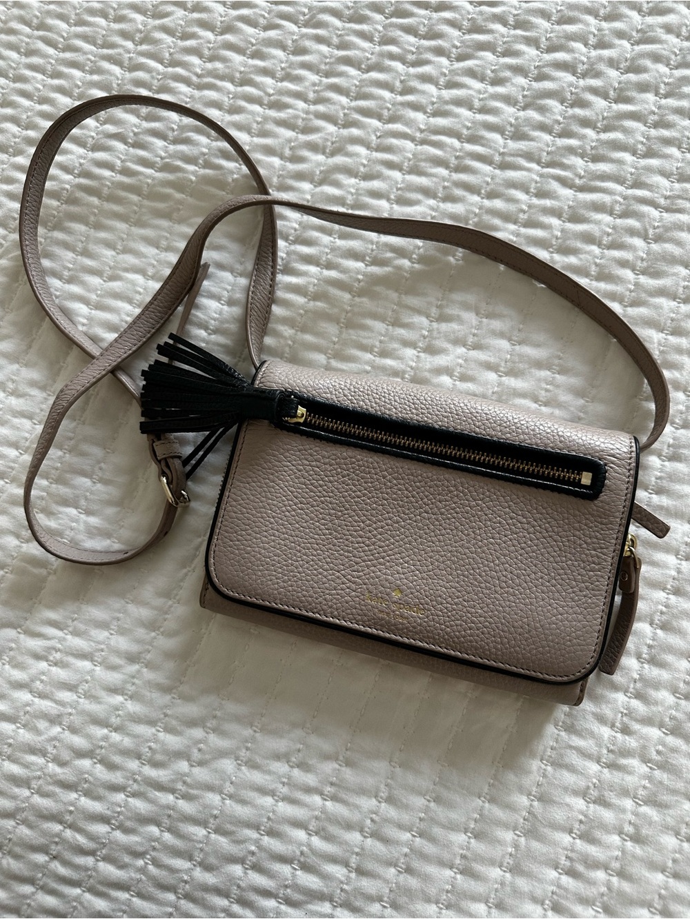 kate spade taupe pebbled crossbody with black tassel